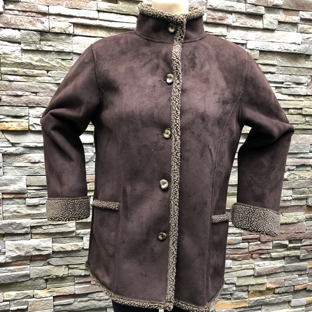 Ultra suede jacket with faux fur trim and lining